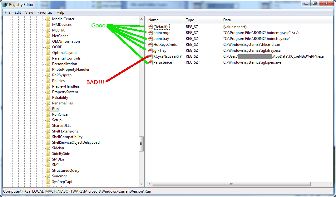 RegEdit - Local Machine Run Malware Example A screenshot of the HKEY_LOCAL_MACHINE Run key showing an example of a suspicious entry. This run key works just like the HKEY_CURRENT_USER key with the difference being that it applies to all users on the system.