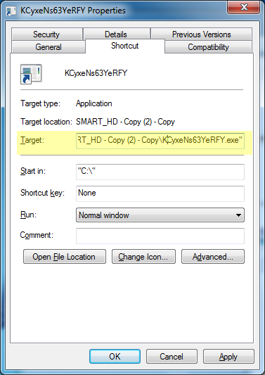 Shortcut Properties Example Example of the Properties view of a shortcut