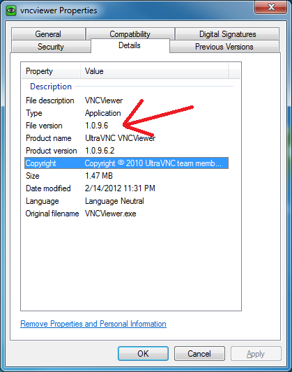 VNCViewer Properties / Details Tab
